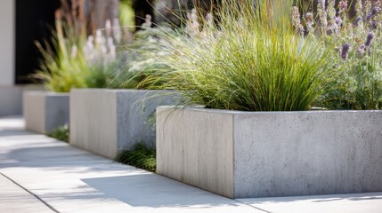 Modern landscape design featuring concrete planters filled with ornamental grasses and flowering plants, adding a touch of nature to a paved area