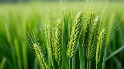 Close-up View of Green Wheat Ears in Vibrant Agricultural Field