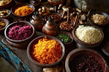 Various colorful spices in wooden bowls, vintage style, rich colors. Showcase natural ingredients for cooking, health, or traditional medicine.