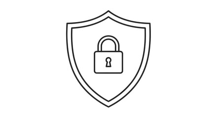 Black and white outline of a shield with a padlock inside, representing security.