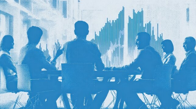 A group of professionals engaged in a meeting, with a digital graph in the background, symbolizing data-driven discussions and collaboration.