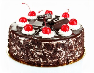 Decadent Black Forest Cake with Glossy Ganache Red Cherries and Chocolate Curls.