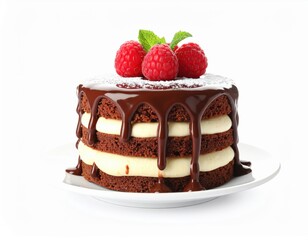 Decadent Mini Chocolate Layer Cake with Dripping Ganache Raspberries and Mint Garnish on a White Plate.