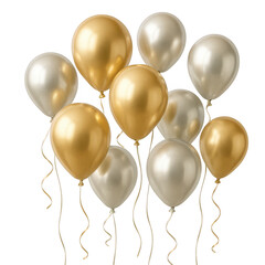 Festive golden and silver helium balloons floating upwards with ribbons celebration party