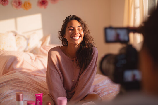 Smiling lifestyle influencer filming beauty skincare video in cozy sunlit bedroom — casual selfcare morning routine and natural content creation