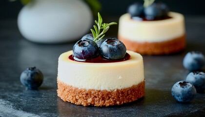 Miniature Blueberry Cheesecakes Decorated with Fresh Fruits and Edible Herbs for Gourmet Delight