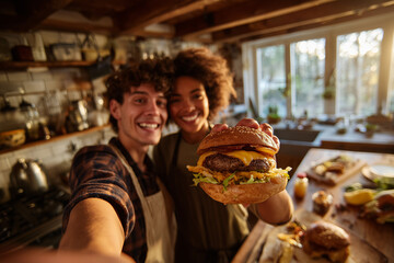 Smiling young couple sharing a homemade cheeseburger in a sunlit rustic kitchen — close-up selfie showcasing a juicy burger with melted cheese and cozy