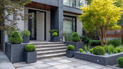 Obraz premium Contemporary home entrance framed by potted shrubs, presenting elegant landscaping with lush greenery enhancing architectural design