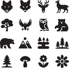 Fototapeta premium Assortment of Silhouette Icons Featuring Wildlife and Nature Keywords: fox, wolf, deer, antelope
