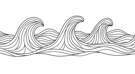 Sea waves pattern, hand-drawn, black and white illustration.