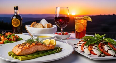 A beautifully arranged outdoor dining scene features grilled salmon, wine, and appetizers with a sunset backdrop.