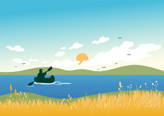 Scenic lake or river summer landscape with a person rafting on kayak or canoe rowing with paddles in boat. Kayaking sport person using a kayak for moving over water. Vector Illustration