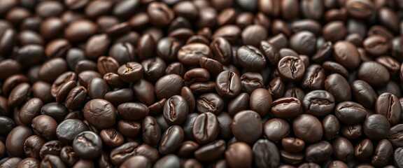 Fototapeta premium Close-up of dark roasted decaf coffee beans, caffeine-free, caffeine, top view