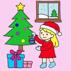 Child Decorating Christmas Tree Indoors with Gifts and Snowy Window – Festive Holiday Cartoon Illustration