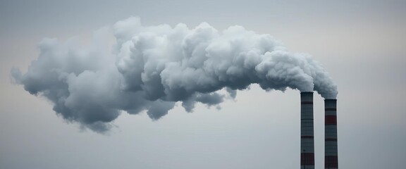 Dark plume billowing from factory stack against grey sky,  factory, industrial pollution