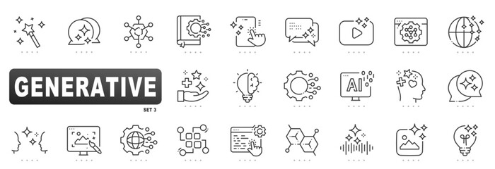 Generative AI outline icons for content creation: model, prompt, synthesis, automation, design, editing, image, video, audio, chatbot, workflow, interface, vector