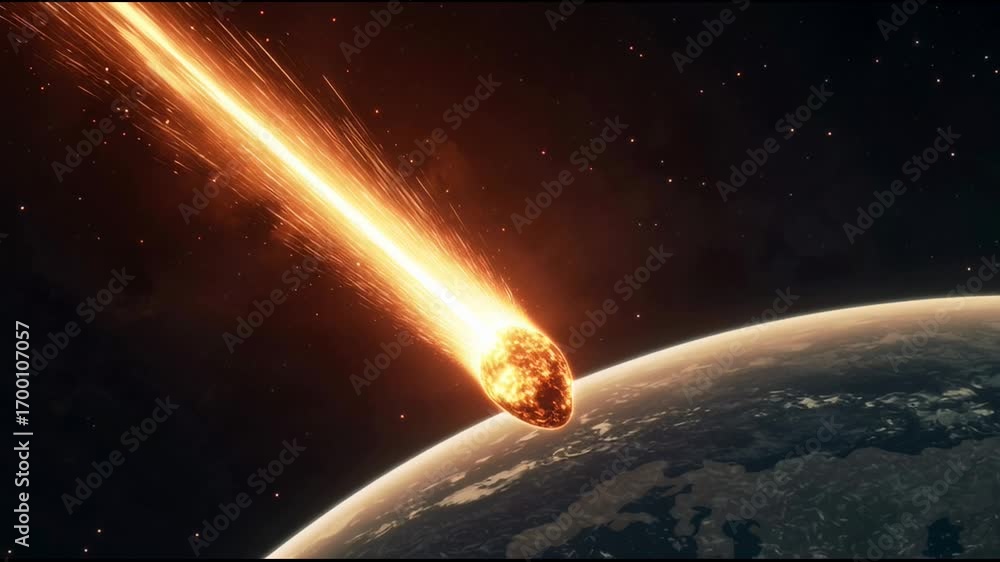 Poster massive asteroid burning intensely while entering earth's atmosphere, creating fiery trail of debris