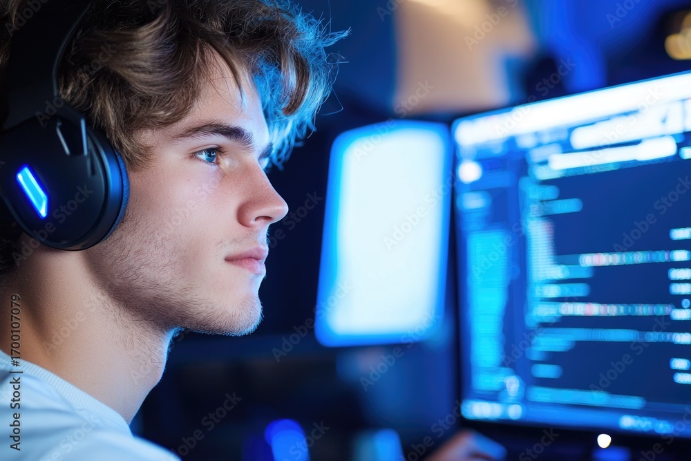 Poster focused programmer working at dual monitors in modern office setting