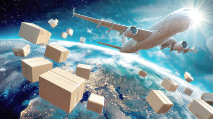 Cargo plane soaring over curved planet surface, transporting cardboard packages under bright sunlight, representing worldwide express delivery service