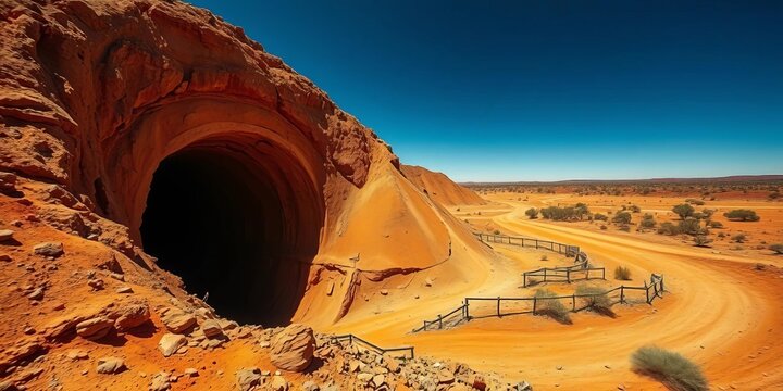 Dusty outback landscape, gold mine shaft in Kalgoorlie, Western Australia, history, earth