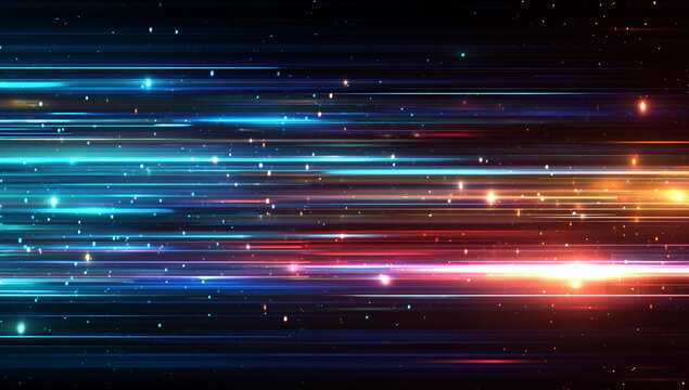 Horizontal light streaks and glowing particles moving at high speed