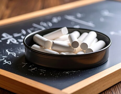 White chalk pieces arranged in dark round container on slate blackboard with mathematical equations and formulas - Powered by Adobe