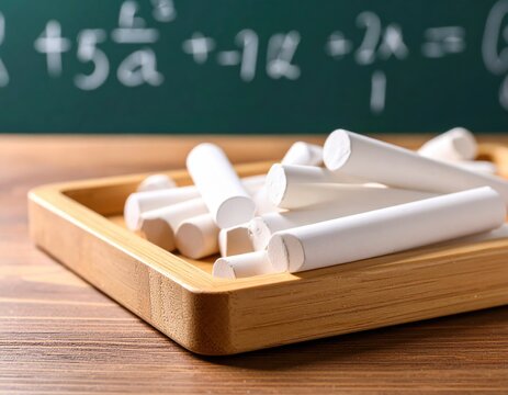 White chalk pieces arranged in wooden tray on desk with blurred green chalkboard showing mathematical equations in background. - Powered by Adobe