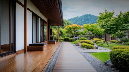 Naklejka premium Serene Wooden Deck Overlooking Japanese Garden with Lush Greenery