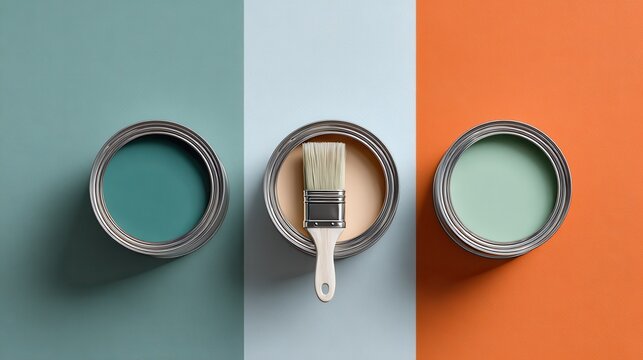Colorful paint cans aligned symmetrically, featuring paintbrush resting centrally, representing home renovation, diy creativity, and interior design inspiration