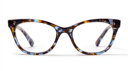 Trendy cat eye glasses featuring blue brown tortoiseshell frame, resting against minimalist white backdrop, highlighting contemporary eyewear aesthetic