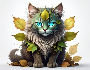 Fantasy forest cat adorned with autumn leaves and blue eyes in magical artistic illustration with nature elements and mystical appearance.
