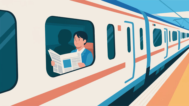 illustration of a young man reading a newspaper on a train vector design template