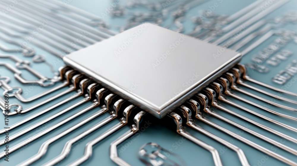 Poster high-resolution close-up of a silver microchip with intricate circuitry on light blue background