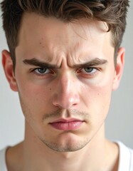 Obraz premium Close-up portrait of a young man with a serious expression, highlighting intense concentration. The neutral backdrop accentuates the facial features and conveys a sense of focused emotion.
