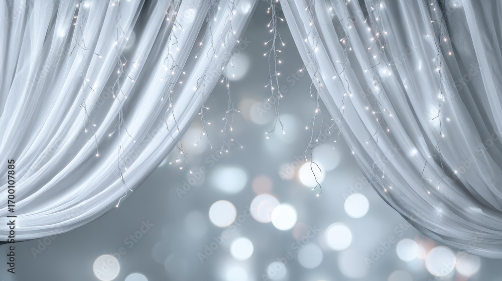 Poster soft white curtain adorned with twinkling string lights, casting dreamy bokeh glow against blurred b