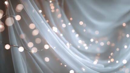 Soft white drapes glowing with warm string lights, producing ethereal bokeh effect for elegant event or holiday inspired visual compositions