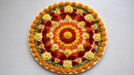 Vibrant Floral Rangoli Design with Marigolds and Roses for Festivals