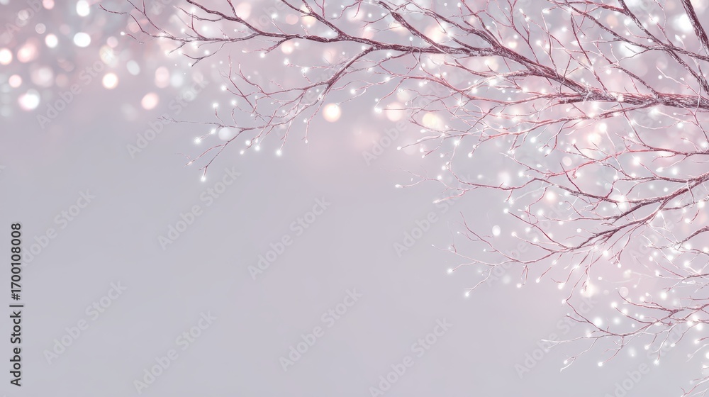 Poster snowy tree branches illuminated by gentle, warm glow, presenting soft bokeh lighting against wintry 