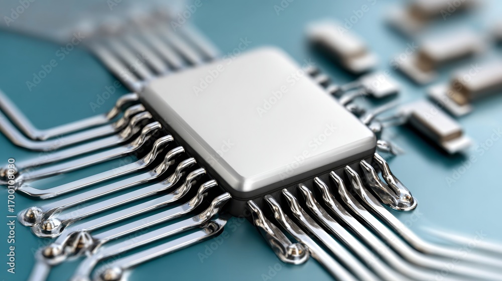 Poster close-up of a shiny silver microchip surrounded by intricate circuitry on a light blue background