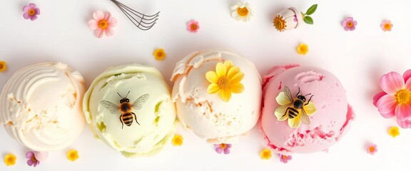 Pastel ice cream scoops with floral & bee motifs on white background ,  food,  scoop