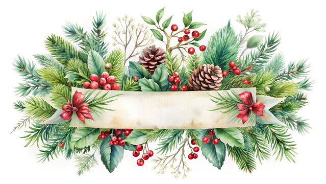 Photo of a watercolor painting of a christmas garland with pine branches, pine cones, and red berries, featuring a blank banner for text