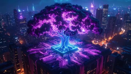 Futuristic Cityscape: Glowing Tree on Circuit Board Building - Powered by Adobe