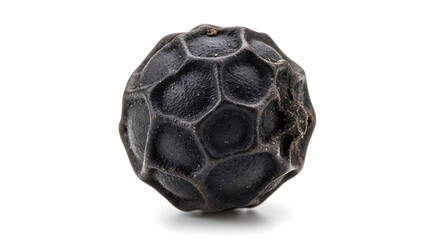 Single black peppercorn isolated on a white background, showcasing its textured surface and dark color.