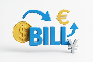 3D Infographic of Bill with Currency Symbols and Financial Exchange Concept on White Background