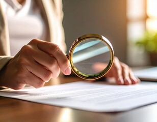 Professional businesswoman examining legal contract documents with magnifying glass in bright office environment