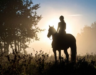 Silhouette of horse rider in peaceful countryside scene with misty morning light, trees and golden sunrise creating atmospheric outdoor equestrian moment.