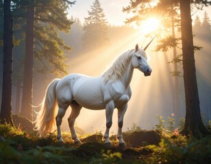 Majestic white unicorn stands gracefully in enchanted forest clearing with golden sunlight rays streaming through tall trees and mystical atmosphere.
