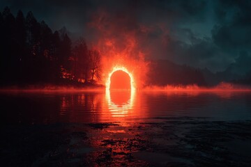 Fiery portal reflects upon a misty lake with dark forest edges. Use this for fantasy art, sci-fi, or a dramatic landscape story.