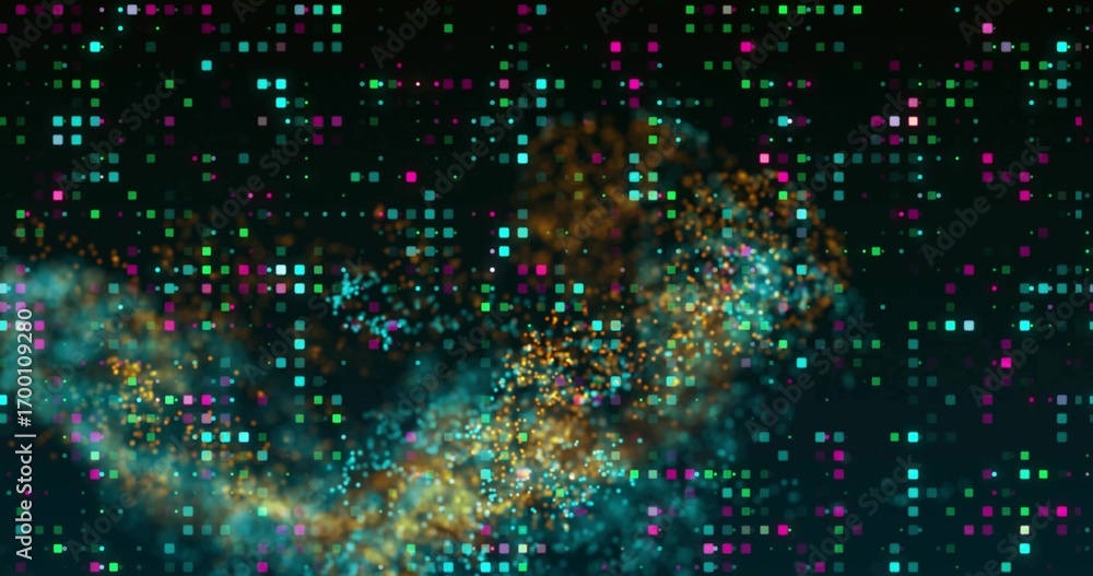 Poster multicolored square pixels and glowing particles swirling in abstract data stream, forming trail