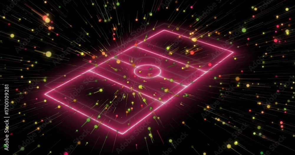Poster floating neon-outlined soccer pitch rotating in dark void, with multicolored light particle trails